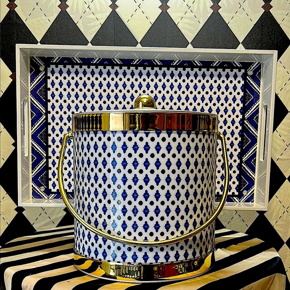 Other - Blue & White Ice Bucket & Tray Set with Gold Trim | Bar Cart Glam